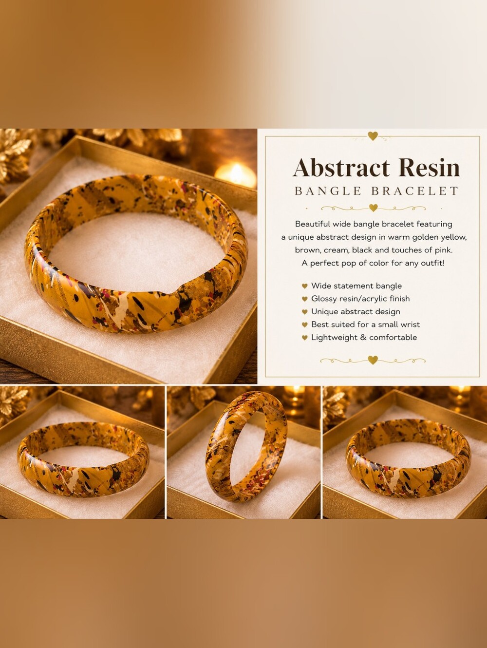 Abstract Resin Wide Bangle Bracelet in Golden Yellow